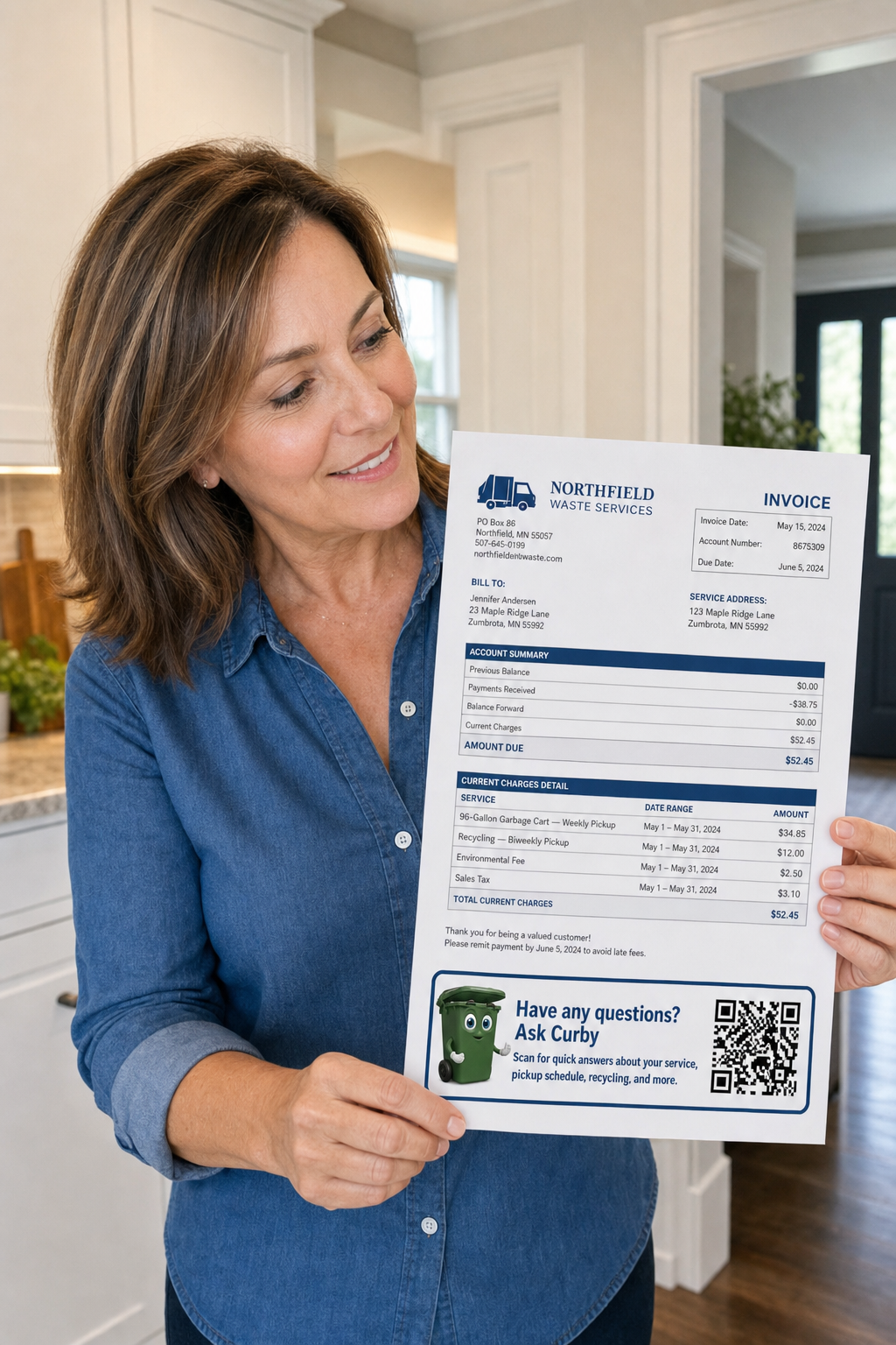 Resident holding a mailed garbage bill with Ask Curby QR code